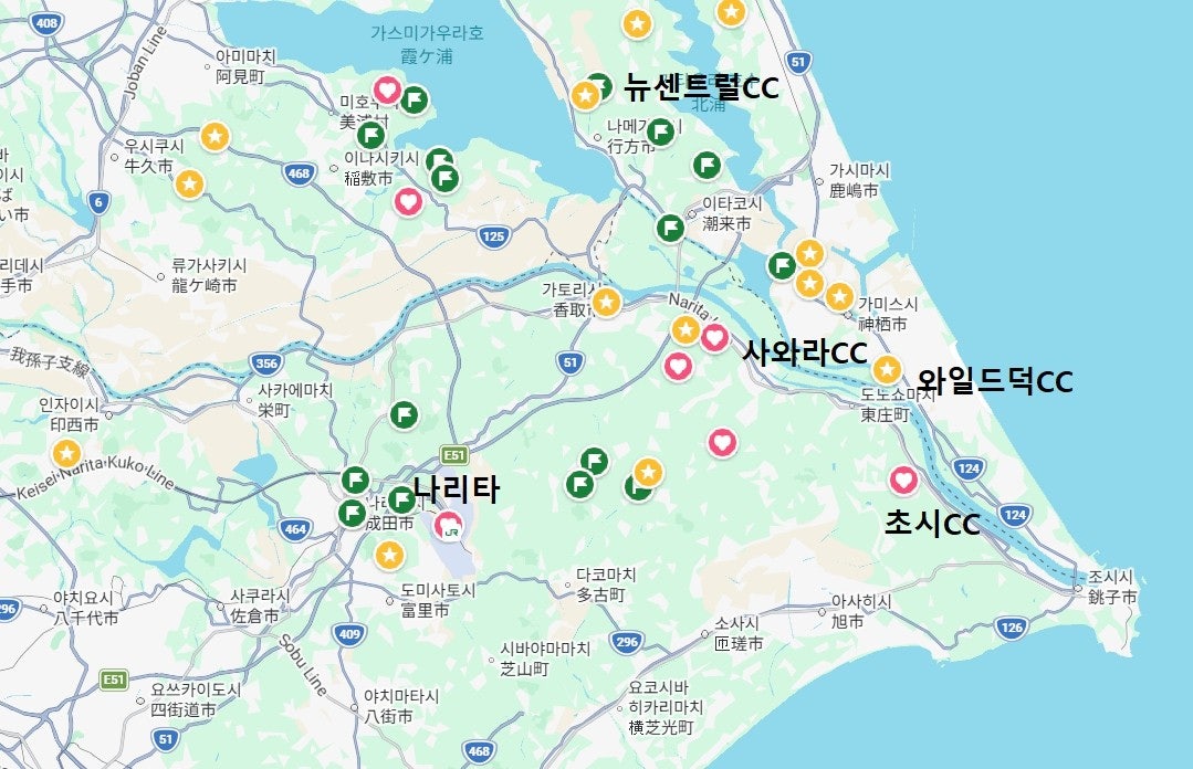 나리타공항과 지바 초시CC 위치 안내 지도
