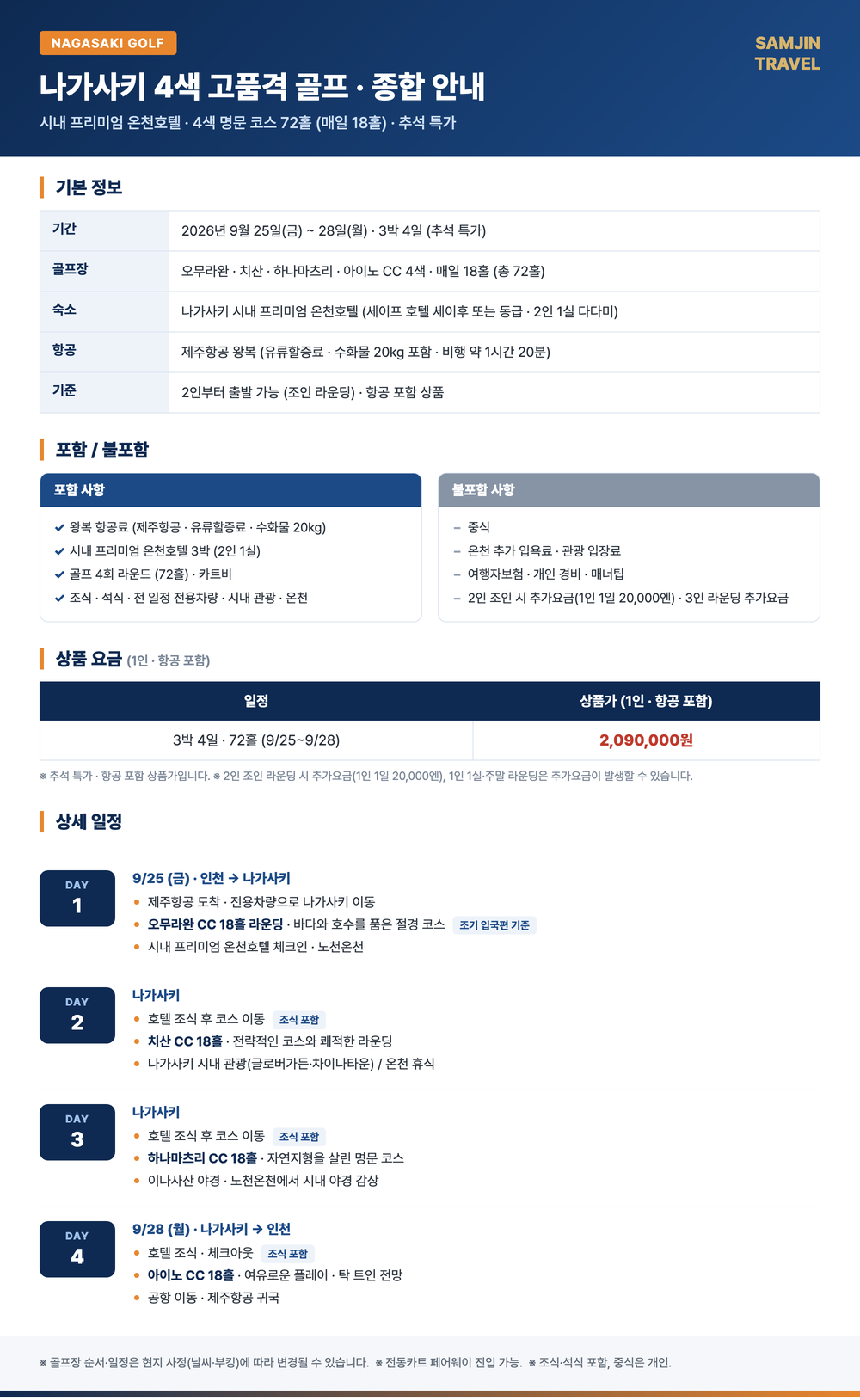 나가사키 4색 고품격 골프 — 프리미엄 온천호텔 + 매일 다른 4색 코스 72홀 (추석 특가·항공포함) 종합 안내표