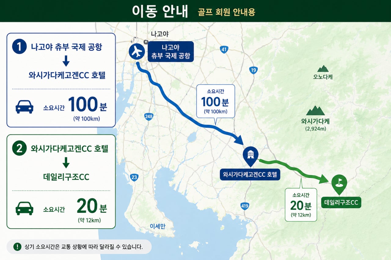 나고야 중부 국제공항에서 와시가타케고겐 골프장까지 이동 안내