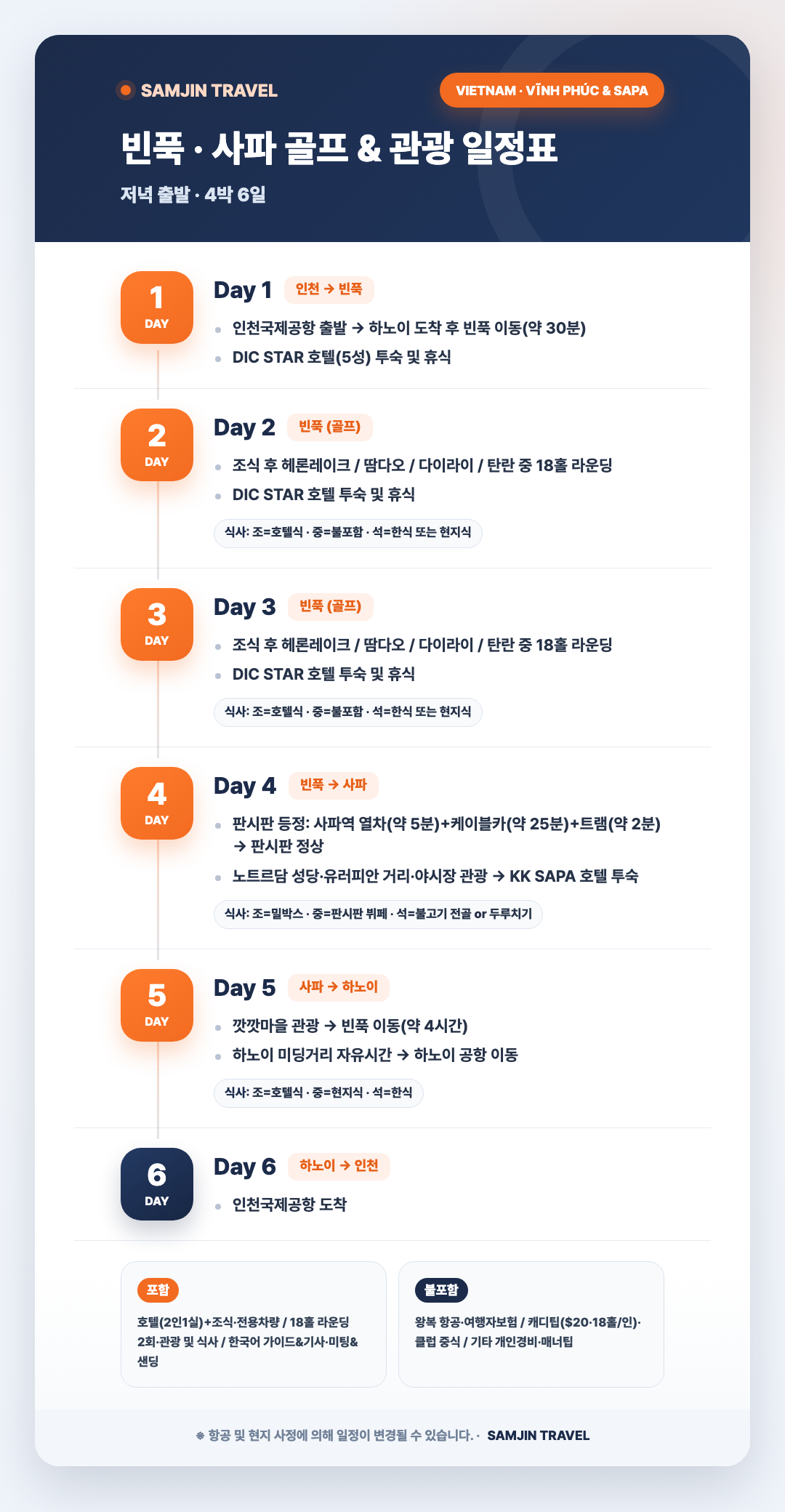 빈푹 사파 골프 관광 4박6일 일정표