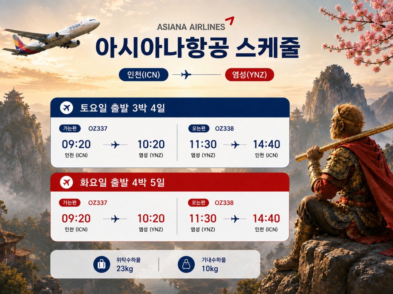 아시아나항공 인천 염성 왕복 스케줄 안내