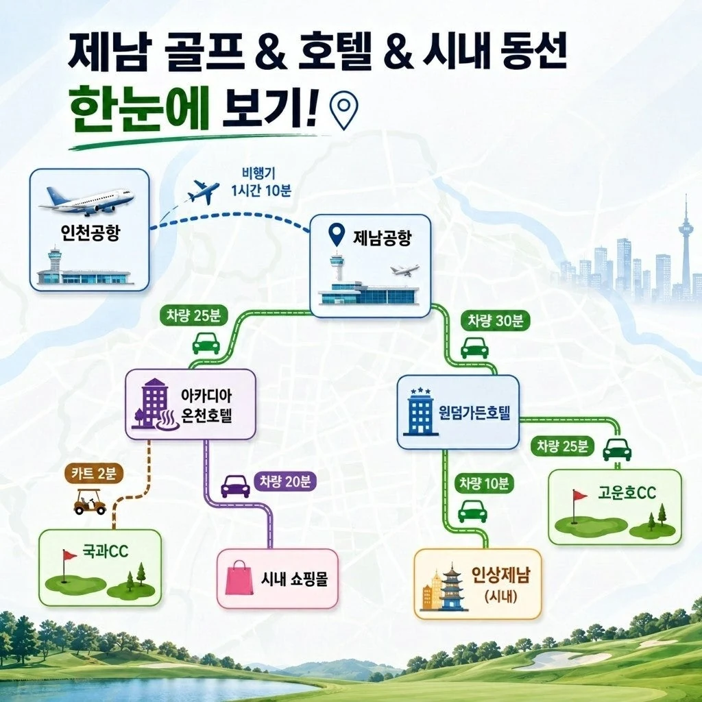 제남공항·윈덤가든호텔·고운호CC·인상제남 이동 동선